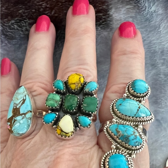 ❤️ Kingman Honey Dahlia Emerald Valley Turquoise Cluster 925 Navajo Ring Sz8 Adj - Picture 12 of 13